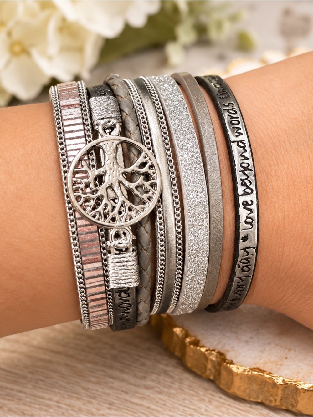 Silver Gray Multi Strand Wrap Bracelet Tree of Life Charm Magnetic Clasp